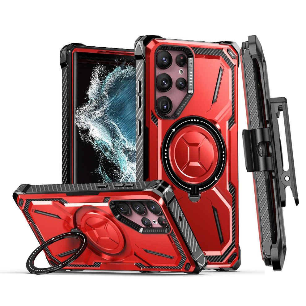 (Samsung S21 Ultra, Red) For Samsung Galaxy S23 S22 S21 Ultra Plus MagSafe Magnetic Holder Phone Case with Back Clip