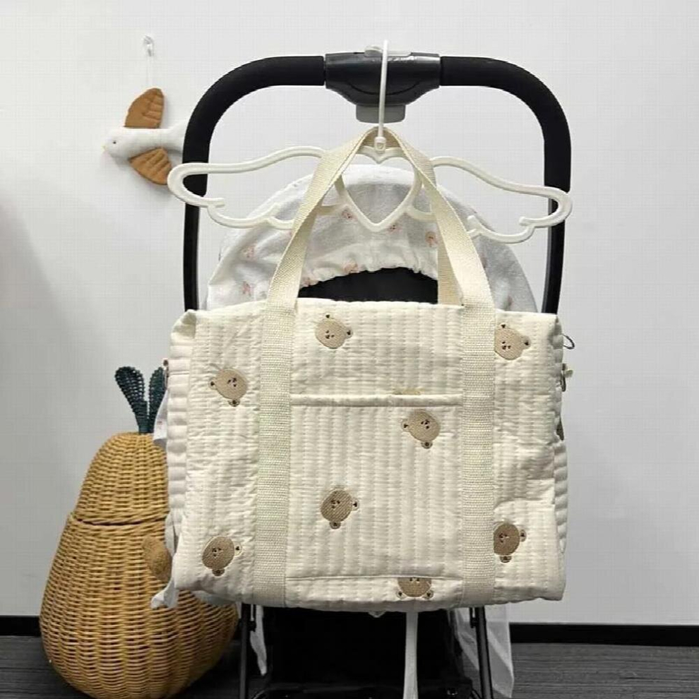 Cartoon Bear Flower Embroidery Pattern Baby Beige Cotton Fabric Zipper Diaper Handbag Luggage Mommy Bag With Pocket