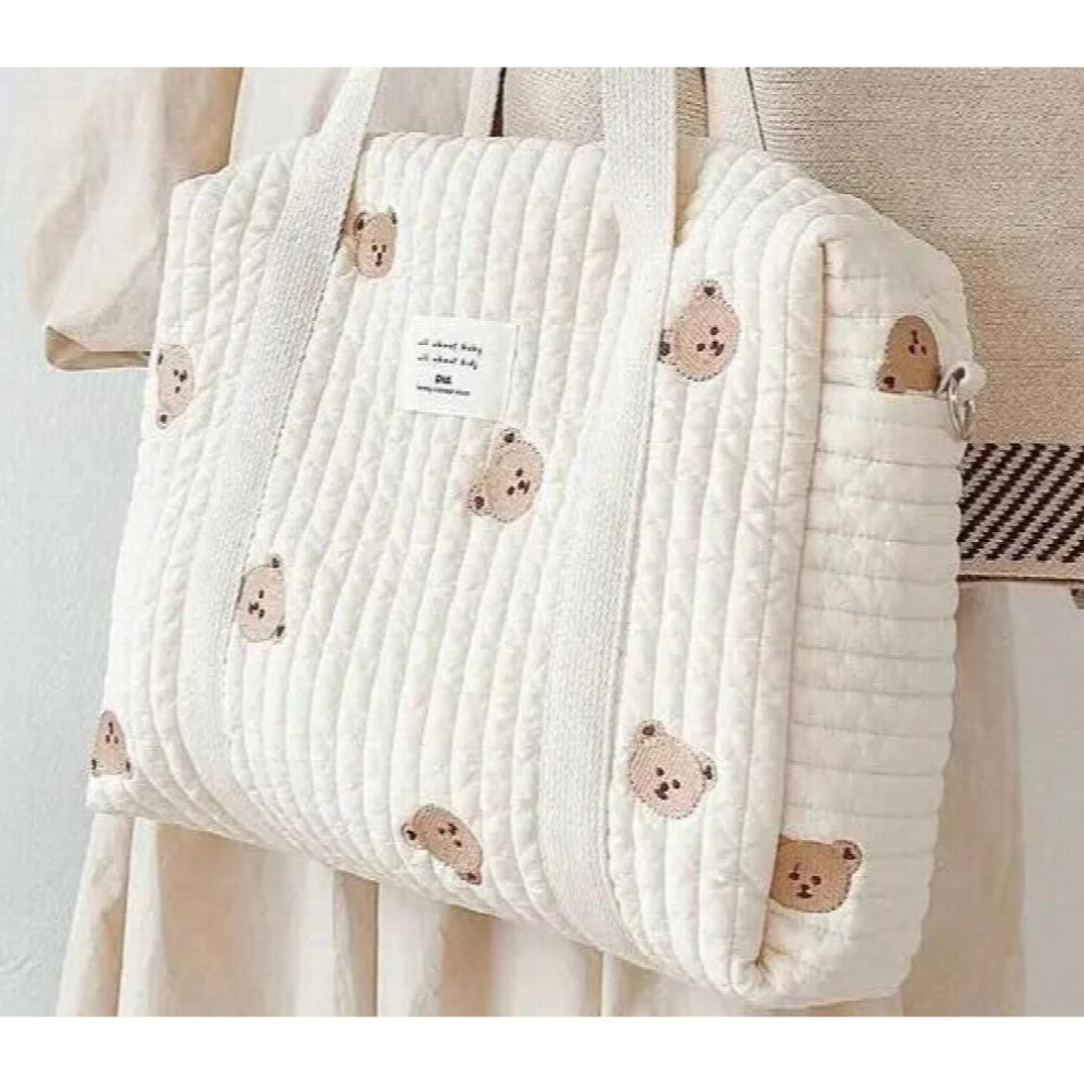Bear Flower Embroidery Pattern Baby Beige Cotton Fabric Zipper Diaper Handbag Luggage Bag