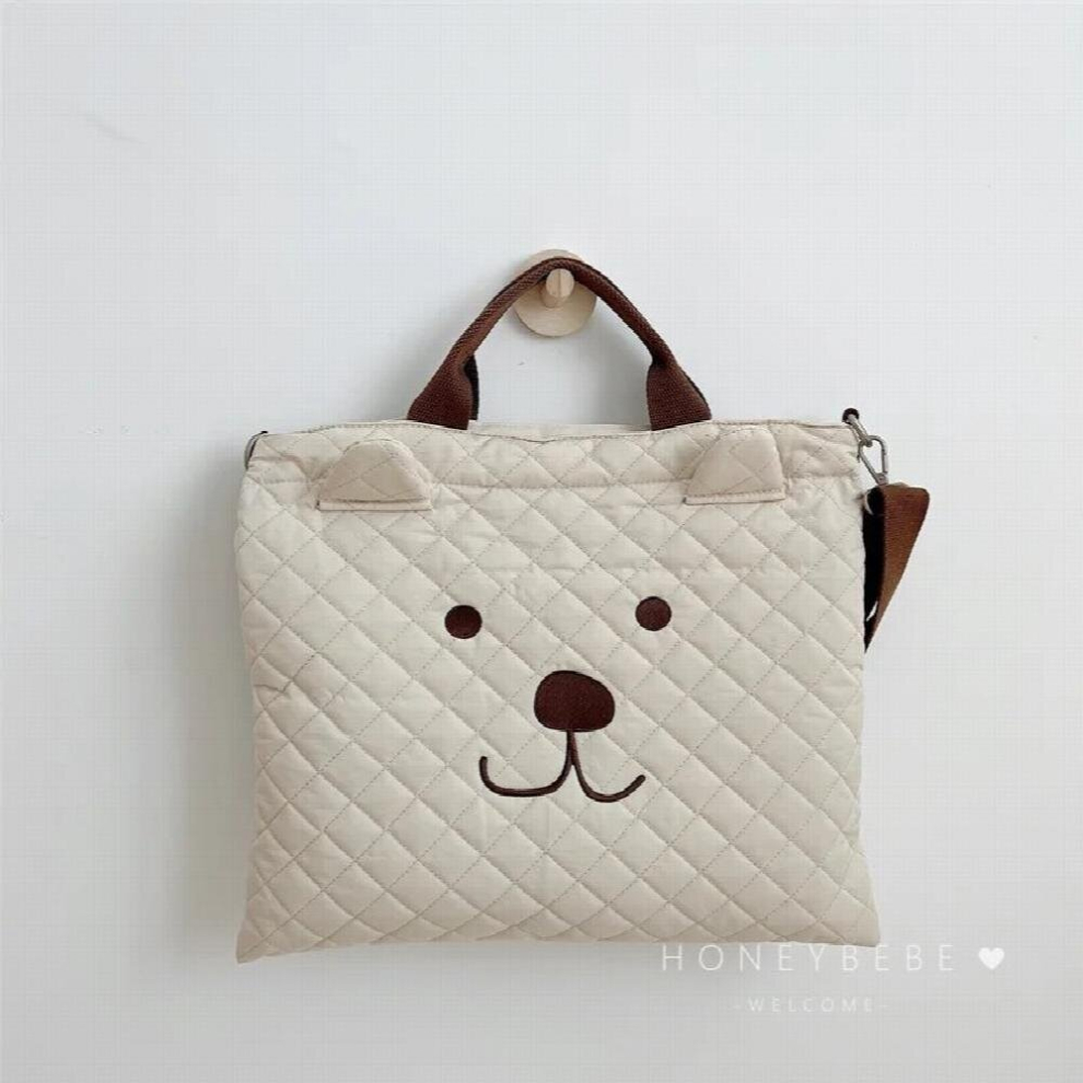 Ins Quilted Baby Diaper Bag Korea Style Dog Embroidery Large Maternity Pack Beige Tote Bag