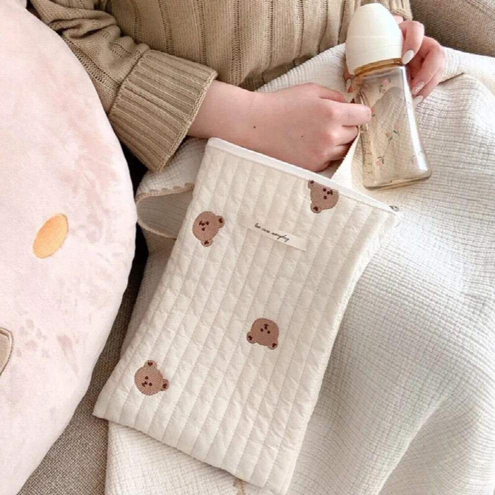 Baby Diaper Bags Nappy Organizer for Mom Handbag Bear Embroidery Baby Caddy Bottle Bag Cotton Mommy Bags with Zipper