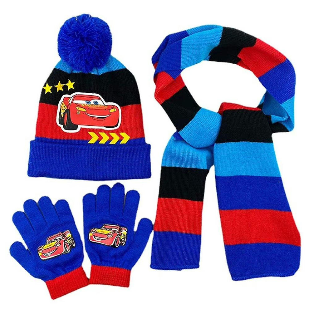 (Blue Black) Kids Cars Lightning Mcqueen Warm Knit Pompom Beanie Hat Scarf And Gloves Set For 3-8 Years