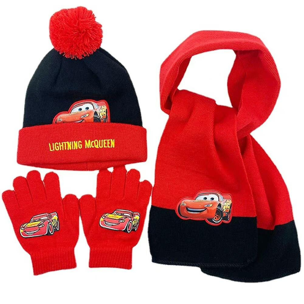 (Black Red) Kids Cars Lightning Mcqueen Warm Knit Pompom Beanie Hat Scarf And Gloves Set For 3-8 Years