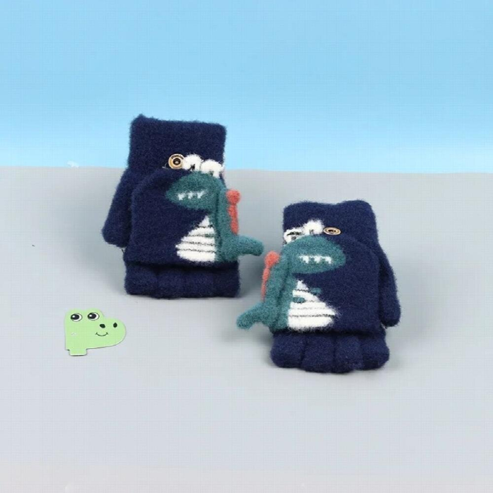Toddler Kids Winter Knitted Fingerless Cartoon Gloves Thick Warm Outdoor Writing Convertible Flip Top Half Finger Mittens 2-6Y
