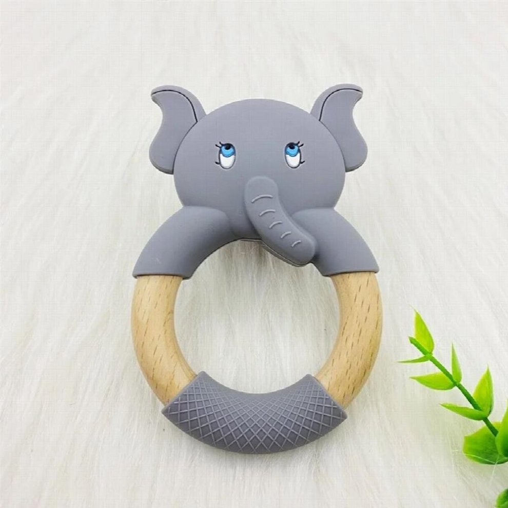 1PCS Silicone Wooden Teether elephant Beech Wooden Teething Ring 60mm Baby Cow Teething Toy For Baby Nursing Pendant