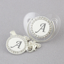 26 Initial Letter Silver Transparent Baby Pacifier with Clip Newborn BPA Bling Dummy Soother Chupeta 0-12 Months