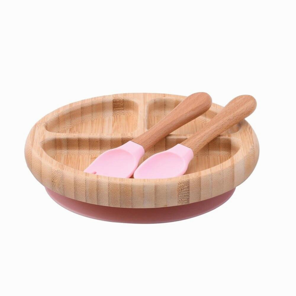 Baby Dinner Plate Baby Feeding Bowl Wooden Kids Feeding Dinnerware With Silicone Suction Cup Wooden Fork Spoon Childrens Dishes