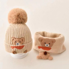 Children Winter Pompom Beanie Hat Scarf Suit Baby Bear Treasure Boy Girl Pullover Cap Ear Protection Windproof Kids