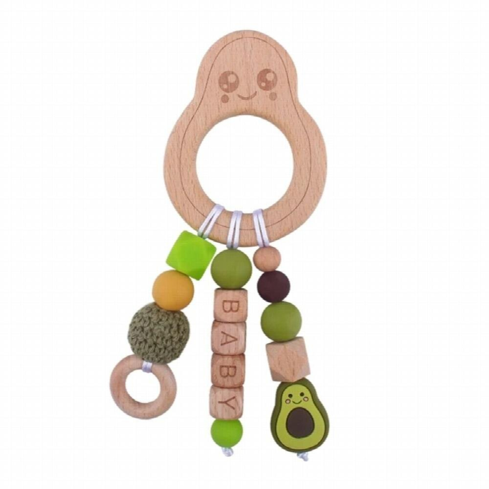 BPA Silicone Beads Baby Teether Natural Beech Wood Cartoon Teething Rattle Toy Newborn Gum Massage Teether Grasp Toys