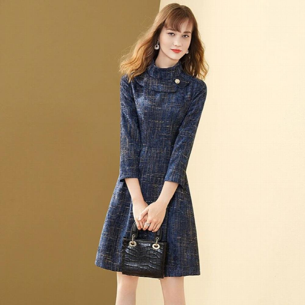 Plaid Woolen Slim Dress Winter Women Half-high Collar A-line Office Lady Dresses Casual Vestidos-image-OPC-PCQNDW5-NEW