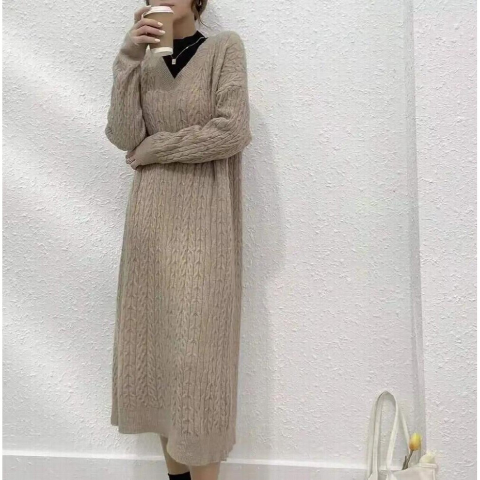 Women Plus Size Over Knee Long Knit Dress Solid Loose Long Sleeve V-Neck Long Dress Casual Knit Dress-image-OPC-PCQNF5Y-NEW