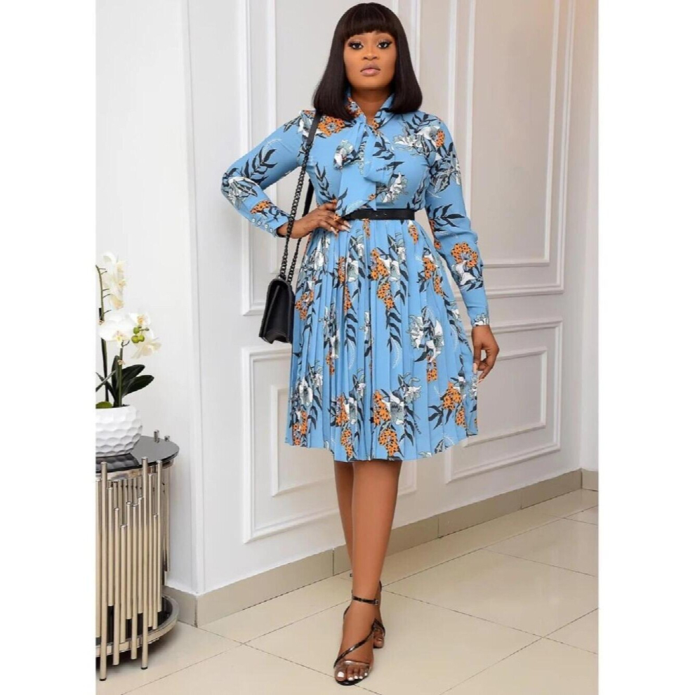 Women Printed Pleated Dress Long Sleeves with Bowtie Floral Knee Length Office Ladies Classy African Female-image-OPC-PCQNF2M-NEW