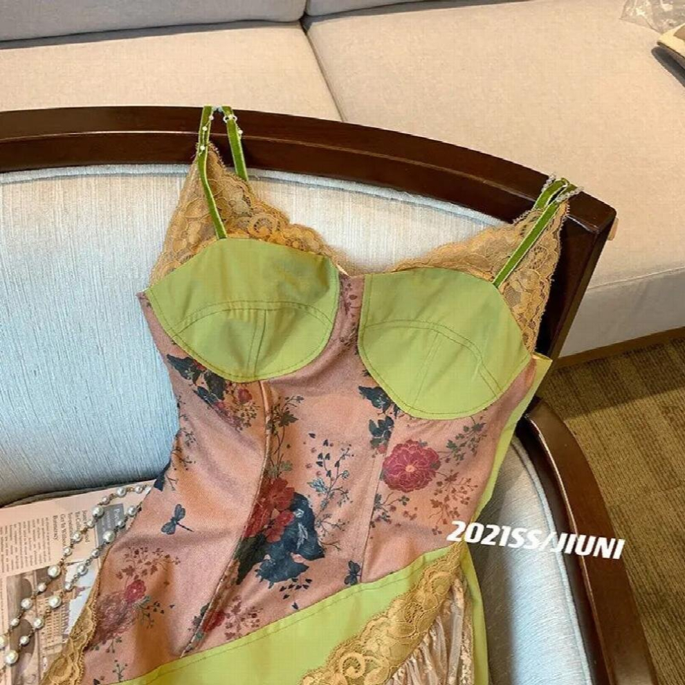 Floral Lace Stitching Maxi Dress Women Summer French Style Bohemian Irregular Suspender Strap Long Dress Evening Party Robe-image-OPC-PCQNFJ7-NEW