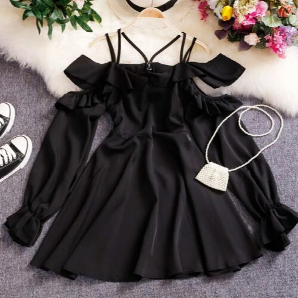 Spring Fahsion Women Sexy Off The Shoulder Hollowing Out Strapless Dress Ladies Puff Sleeve Spaghetti Strap Slim Dresses-image-OPC-PCQNFBK-NEW