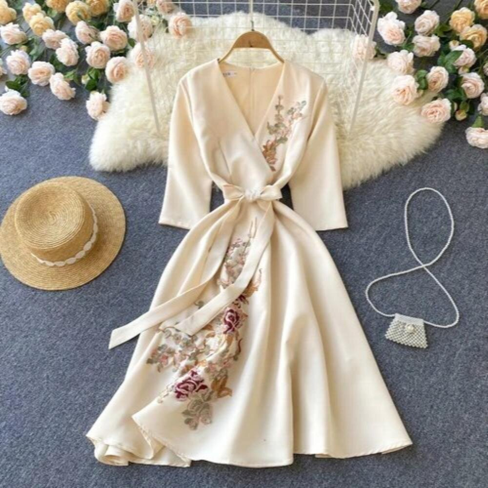 Summer Ladies Style Vestidos Light Dress French V-neck Temperament Slim Waist Thin Mid-length Robe Femme-image-OPC-PCQNGDF-NEW