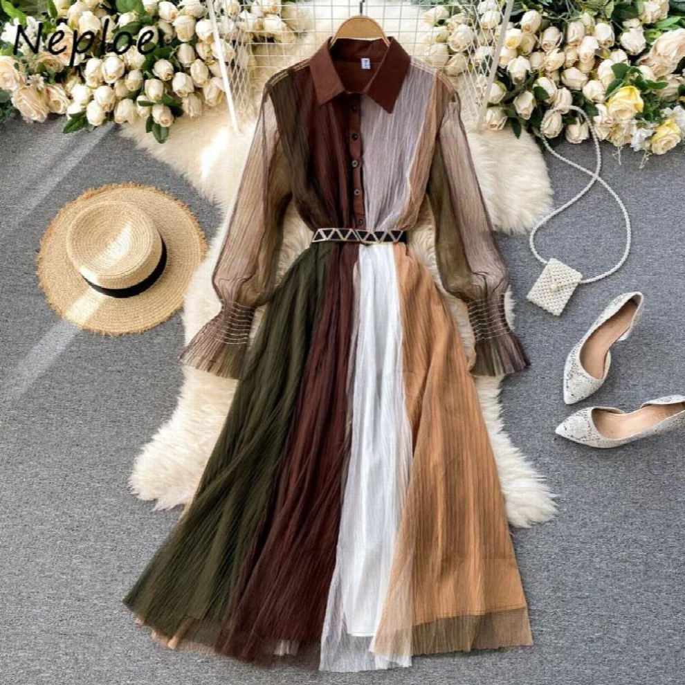 Hit Mesh Patch Temperament Long Dress High Waist Hip Sashes Slim A Line Vestidos Turn Down Collar Long Sleeve Robe-image-OPC-PCQNGCP-NEW