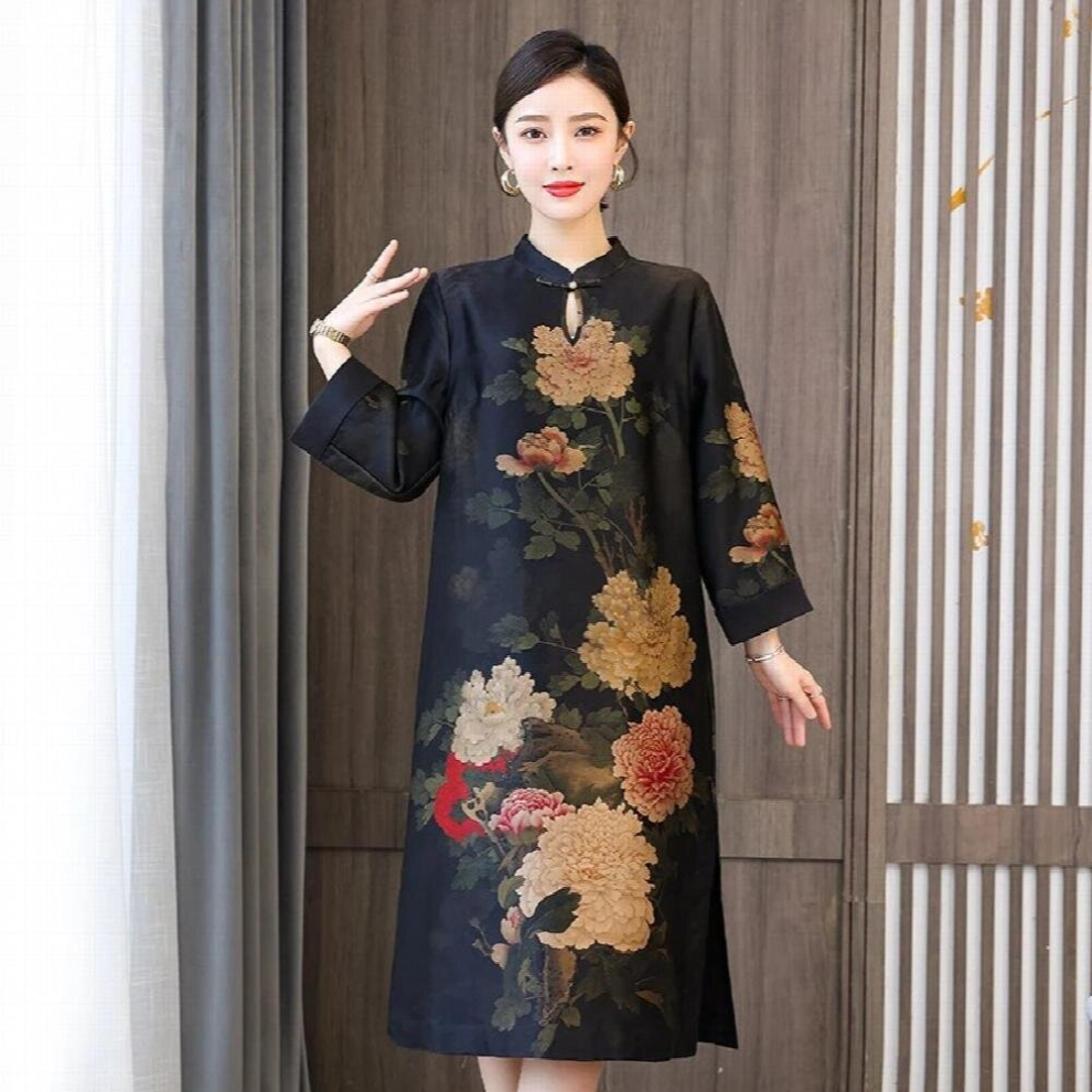 JiuMeiDai Women Spring A-Line Chinese Style Dress Office Lady Floral Robe Femme Vintage Clothing-image-OPC-PCQNGCG-NEW