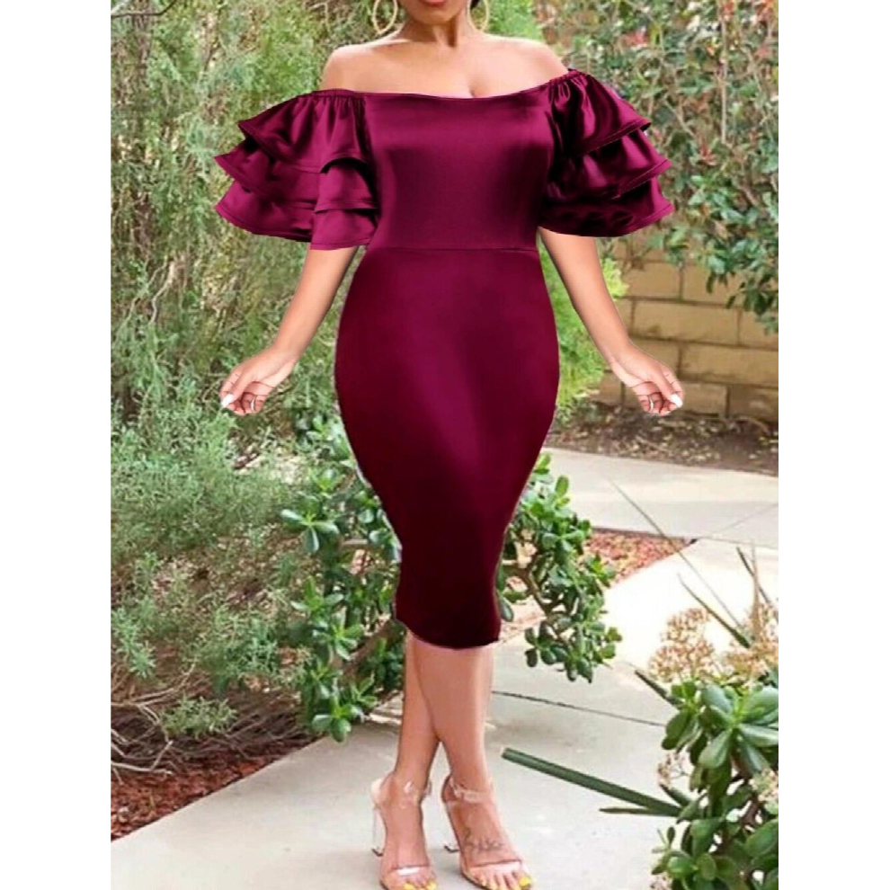 Satin Party Dress Women Off Shoulder Summer Slash Neck Ruffles Sleeves Robes Femmes Sexy Bodycon Clubwear Event 4XL-image-OPC-PCQNGVW-NEW