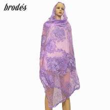 Good Embroidery Hijab African Soft Net Scarf with Flowers and Diamonds Big Shawls for Covering Body Wraps Muslim Lady