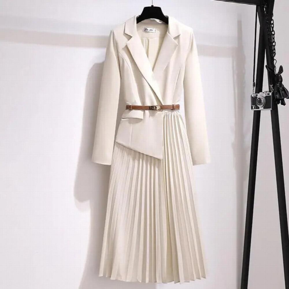 Dress Women Temperament Notched Collar Lapel Twill One Piece Pleated Suit Dresses Long Sleeve French Style Belt Included-image-OPC-PCQNH9T-NEW