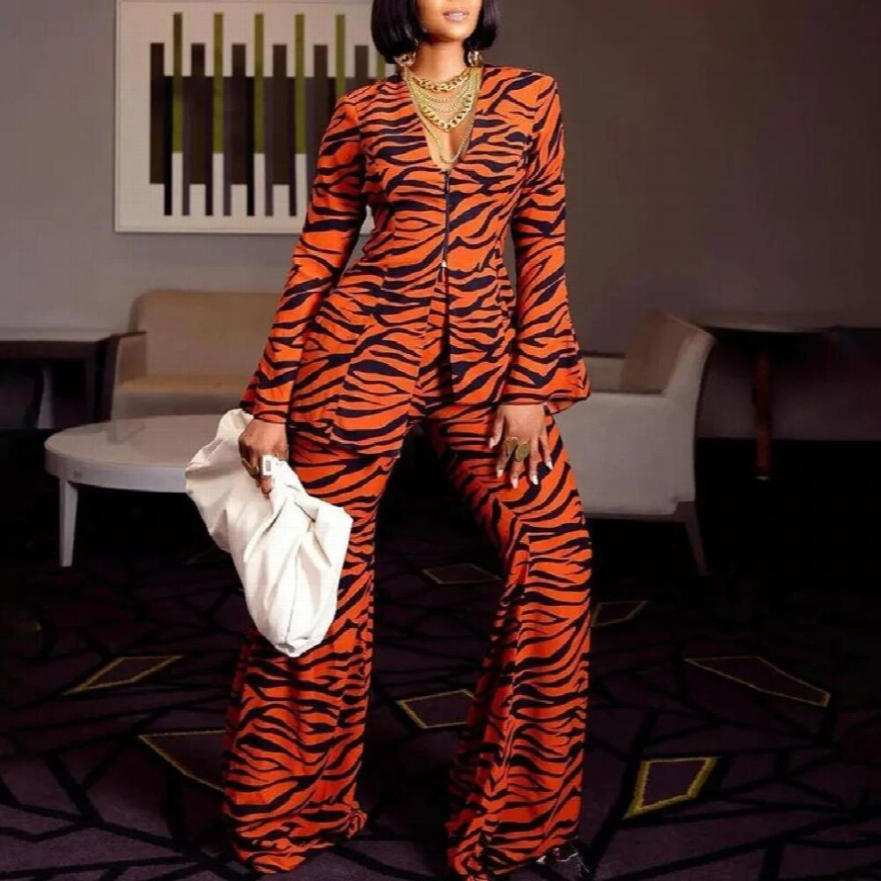 Women Two Piece Suits Long Sleeve V Neck Zip Up Blazer & Loose Flare Pants Set-image-OPC-PCQNMFP-NEW