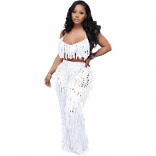 Ribbed Women Two 2 Piece Set Outfits Summer Beach Strap Bra and Tassel Pants Set Tracksuit Bohemian Sweatsuit