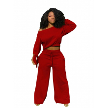 Sport Sweatsuit Womens Set Tie Up Off Shoulder Sweatshirt Straight Pants Set Active Tracksuit Two Piece Fitness Outfit