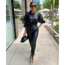 Faux Leather PU Two 2 Piece Set for Women Fall Winter Fitness Outfits Lantern Sleeve Tops + Pants Set Street Tracksuit