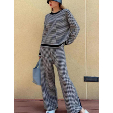Tracksuit Women 2 Piece Set Autumn Houndstooth Knitted Pullover Sweater + Pants Suits Casual Two Piece Sets