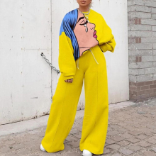 Women Autumn Winter Print Tops Two-Piece Sets Casual Sweatshirt And Wide Leg Pants Suit Streetwear Tracksuit