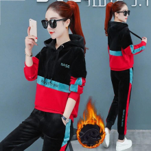 Fall Winter Thick Warm Velvet Tracksuit Women 2 Piece Suit Casual Loose Spliced Pullover Hoodie And Sweatpants Set Loungewear