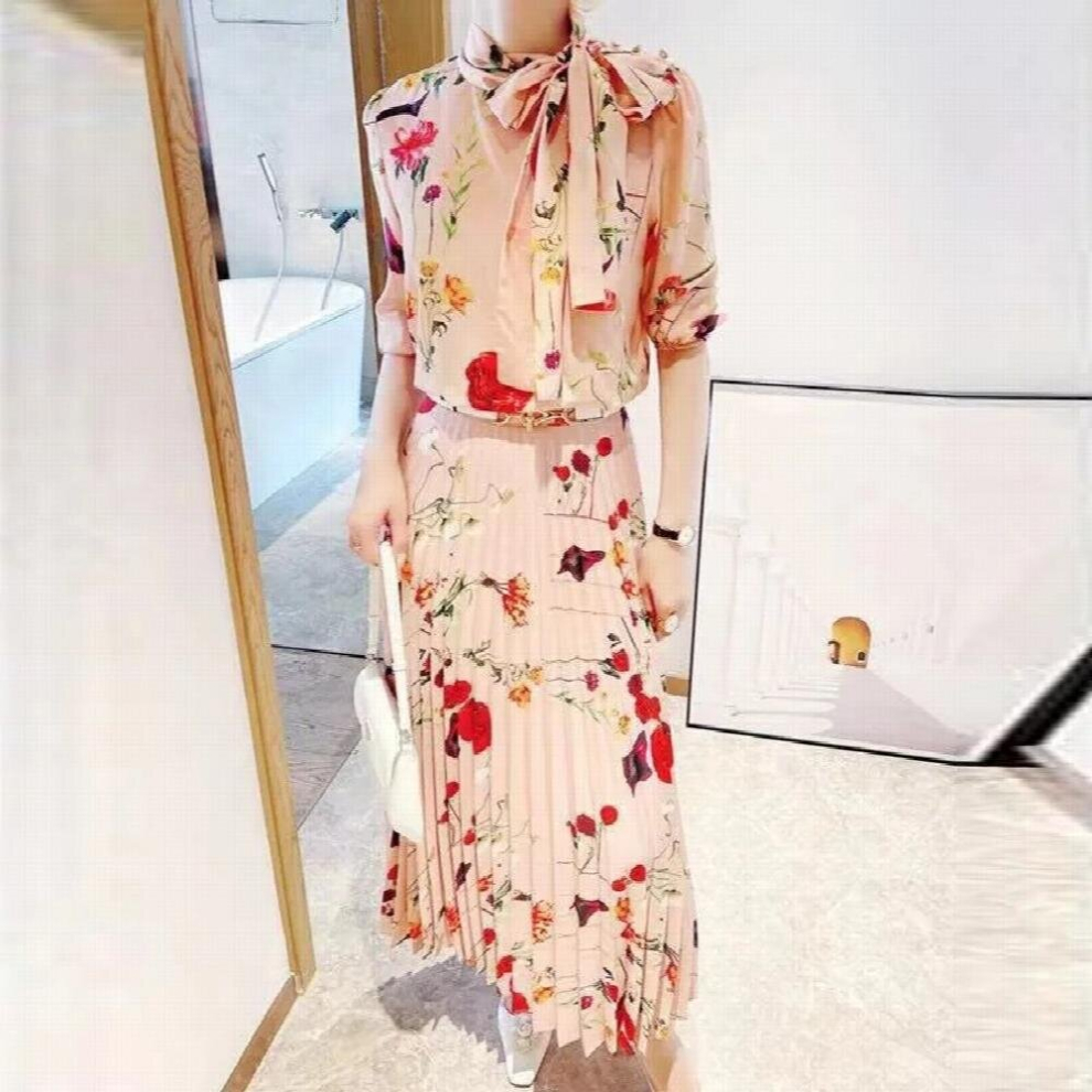 Women Blouses And Floral Pleated Skirt Pink Vintage Casual Party Bow Tops midi Skirts Two Piece Set Suits Femme-image-OPC-PCQNMT6-NEW