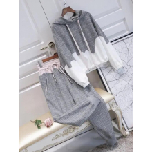 Autumn 2 Piece Sets Women Tracksuits For Women Casual Long Sleeve Hooded Gray Patchwork Top And High Waist Pants Sets