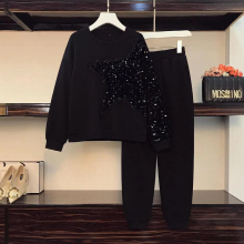 Women Autumn Sportswear Tracksuits For Women Long Sleeve Stars Sequined Patchwork Pullover Sweatshirts And Pant two-piece Set