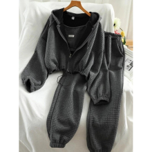 Waffle Sportswear Casual Sweatshirt Suit Womens Spring Autumn Loose Hooded Cardigan Coat Wide-leg Pants Three-piece Tracksets