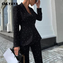 Autumn Winter Dot Womens Set Long Sleeve Blazer Tops + Pants Suit Office Lady Tracksuit Two Piece Set Fitness Outfits