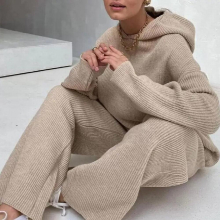 Knitted Solid Hooded Suit Woman and Loose Autumn and Winter Sportswear Womens Suit Slim Warm 2-piece Set Women
