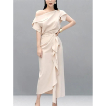 Summer Ruffles 2 Piece Set Women One Shoulder Sexy Shirt Top + Drapped Split Long Skirt Set Office Clothing Set