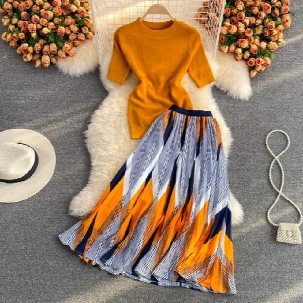 Joinyouth Summer Femme Roupas Two Piece Sets O-neck Short Sleeve Knit Tops Print Pleated Skirts Outfits Women Suits-image-OPC-PCQNNBP-NEW