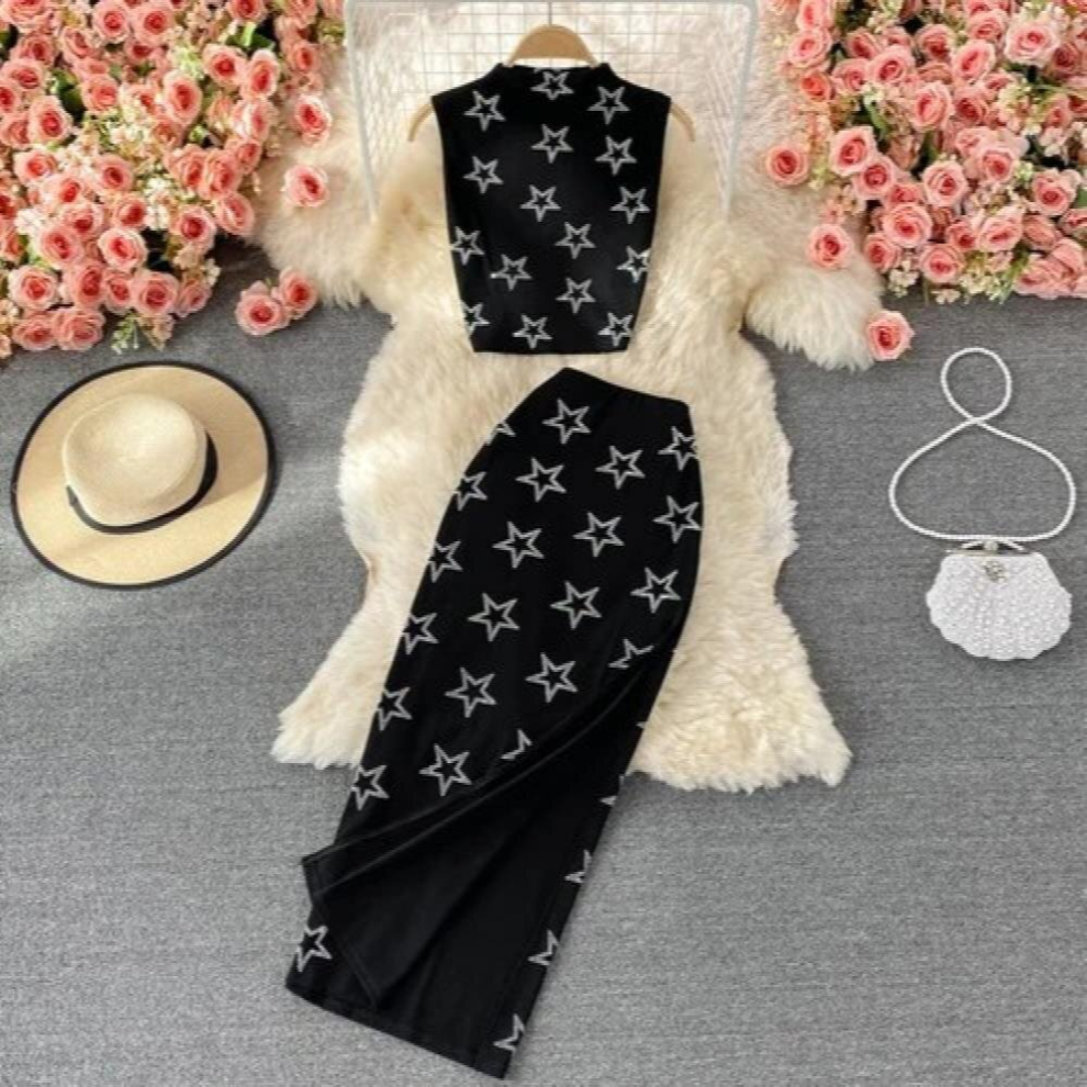 Diamond Star Printed Bodycon Women Skirt Sets Stand Collar Sleeveless Crop Tops + A-line Split Skirts Two Piece Suits-image-OPC-PCQNNBC-NEW