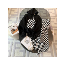 Women Two Piece Pants Set Bear Print Hoodie +Elastic Waist Plaid Pants 2 PIEC Pantsuit Sportswear Autumn and Winter