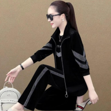 Spring Autumn Loose Velvet Tracksuit 3 Piece Set Women Outfit Plus Size Sweatsuit Zip Up Jacket + t-Shirt + Pant Suit
