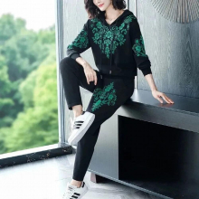 Casual Print Hooded Knitted Sweatshirt And Ankle Length Harem Pants 2 Piece Set Women Outfits Streetwear Loose Sweater Tracksuit