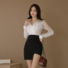 Office Ladies Women 2 Pieces Suits Mesh Patchwork Shirt Top & Irregular Sheath Bodycon Short Skirt Work Wear Set