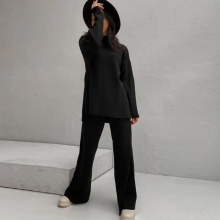 Women Turtleneck Sweater Tracksuit Winter Loose Lady Knitted Pants Suit Solid Long Sleeve Pullover Wide Leg Trousers Casual