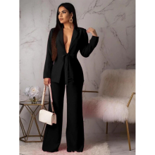 Women Two Pieces Set Long Sleeves Blazers V Neck Lace Up with Wide Leg Pants Trousers Female Suits Classy Work Wear African