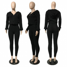 Knitted Sweater Two Piece Set Solid Zipper Long Sleeve Hooded Jackets Crop Top Skinny Pants Women Stretchy Tracksuits