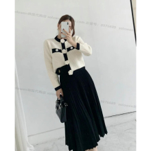 Office Ladies Single Breasted Floral Buttons Cardigan Sweater+Pleated Long Skirt Suit Fall Winter Knitted 2 Piece Set