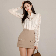 Autumn Two-Piece Set Stitching Lace Shirt Top High Waist Short Skirt Women Office OL Work Suit