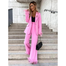 Feather Patchwork Blazer Pants 2 Piece Sets Women Lapel Button Long Sleeve Coat Suit Office Lady Loose Trousers Outfit